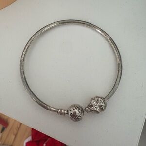 Pandora Silver Tone Bangle Bracelet with Floral Accent